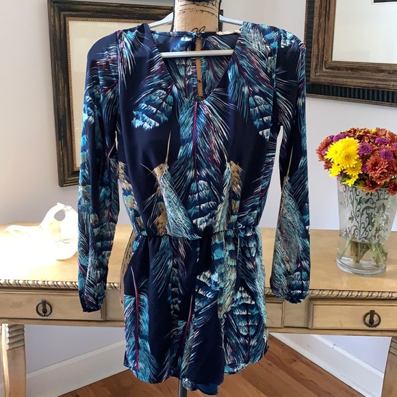 Buddy Love Pants - Fall feather print long sleeve blue romper S 4 6
